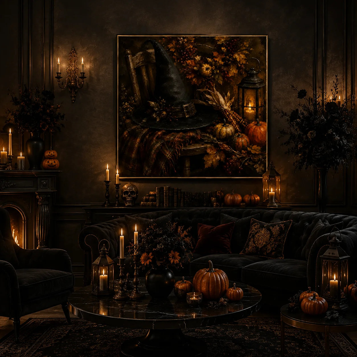Ownanart Original Hand-Painted Halloween Witch Hat Autumn Still Life Oil Painting with Pumpkins, Corn, Candle Lantern and Fall Leaves Rustic Gothic Wall Art # OA 1303