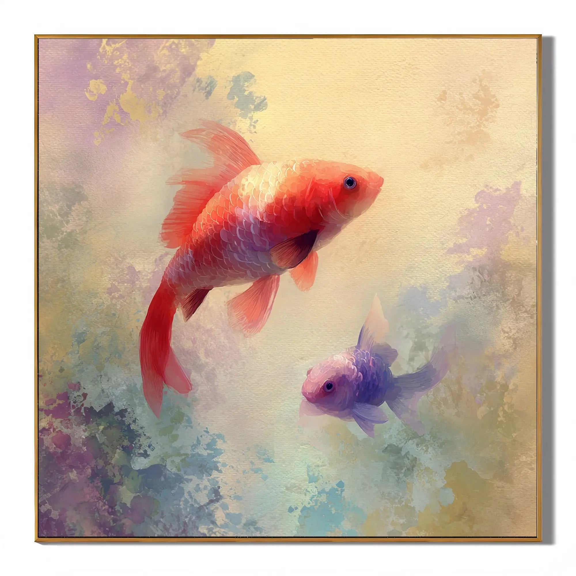 Ownanart Original Hand-Painted Koi Fish Oil Painting, Pink Orange Double Fish Wall Art with Dreamy Watercolor Background for Modern Home Decor # OA 1255
