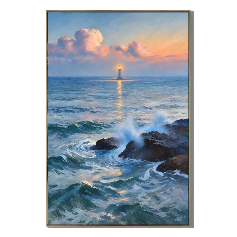 Ownanart Original Hand-Painted Lighthouse Ocean Oil Painting, Sunset Coastal Seascape with Waves and Rocky Shore Canvas Wall Art for Living Room, Bedroom and Coastal Home Decor # OA 1375