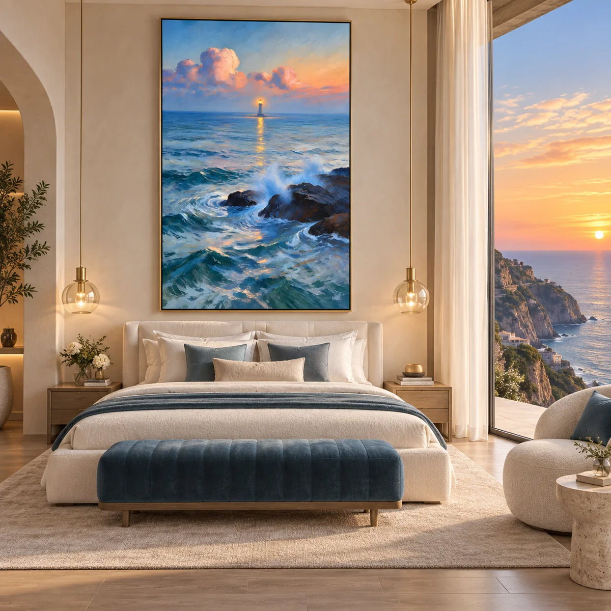Ownanart Original Hand-Painted Lighthouse Ocean Oil Painting, Sunset Coastal Seascape with Waves and Rocky Shore Canvas Wall Art for Living Room, Bedroom and Coastal Home Decor # OA 1375