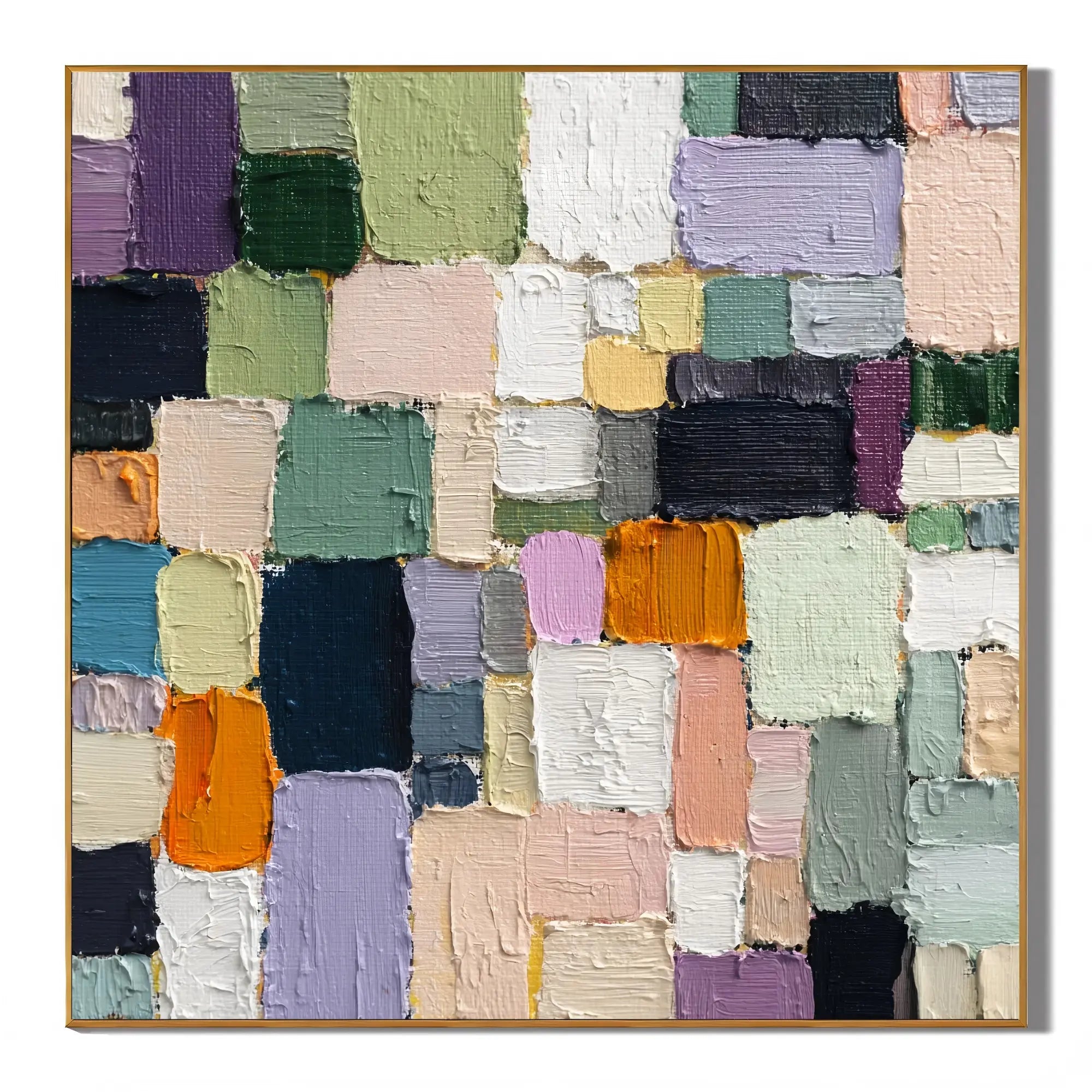 Ownanart Original Hand-Painted Modern Abstract Geometric Color Block Impasto Oil Painting, Morandi Green Purple Beige Textured Wall Art for Living Room, Bedroom, and Entryway Decor  # OA 1260