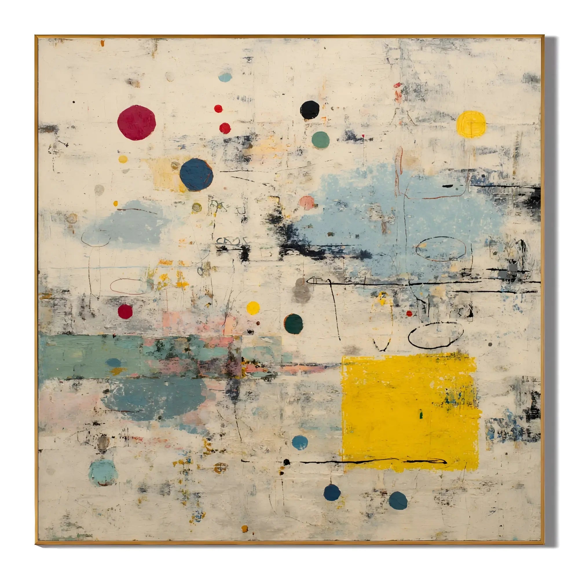 Ownanart Original Hand-Painted Modern Abstract Geometric Oil Painting, Beige Blue Gray and Yellow Color Block Textured Wall Art for Living Room and Bedroom Decor  # OA 1262