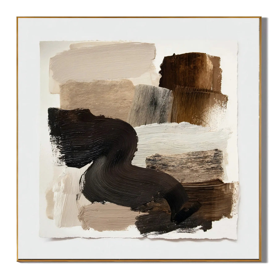 Ownanart Original Hand-Painted Modern Abstract Impasto Oil Painting, Minimalist Black Flowing Brushstroke and Brown Beige Textured Wall Art for Living Room, Bedroom and Office Decor  # OA 1278