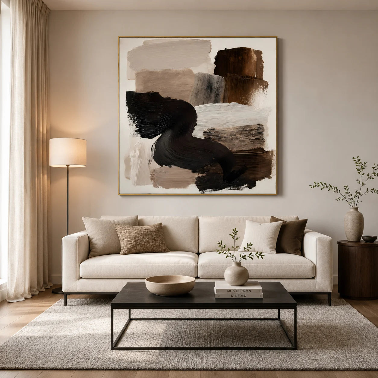 Ownanart Original Hand-Painted Modern Abstract Impasto Oil Painting, Minimalist Black Flowing Brushstroke and Brown Beige Textured Wall Art for Living Room, Bedroom and Office Decor  # OA 1278