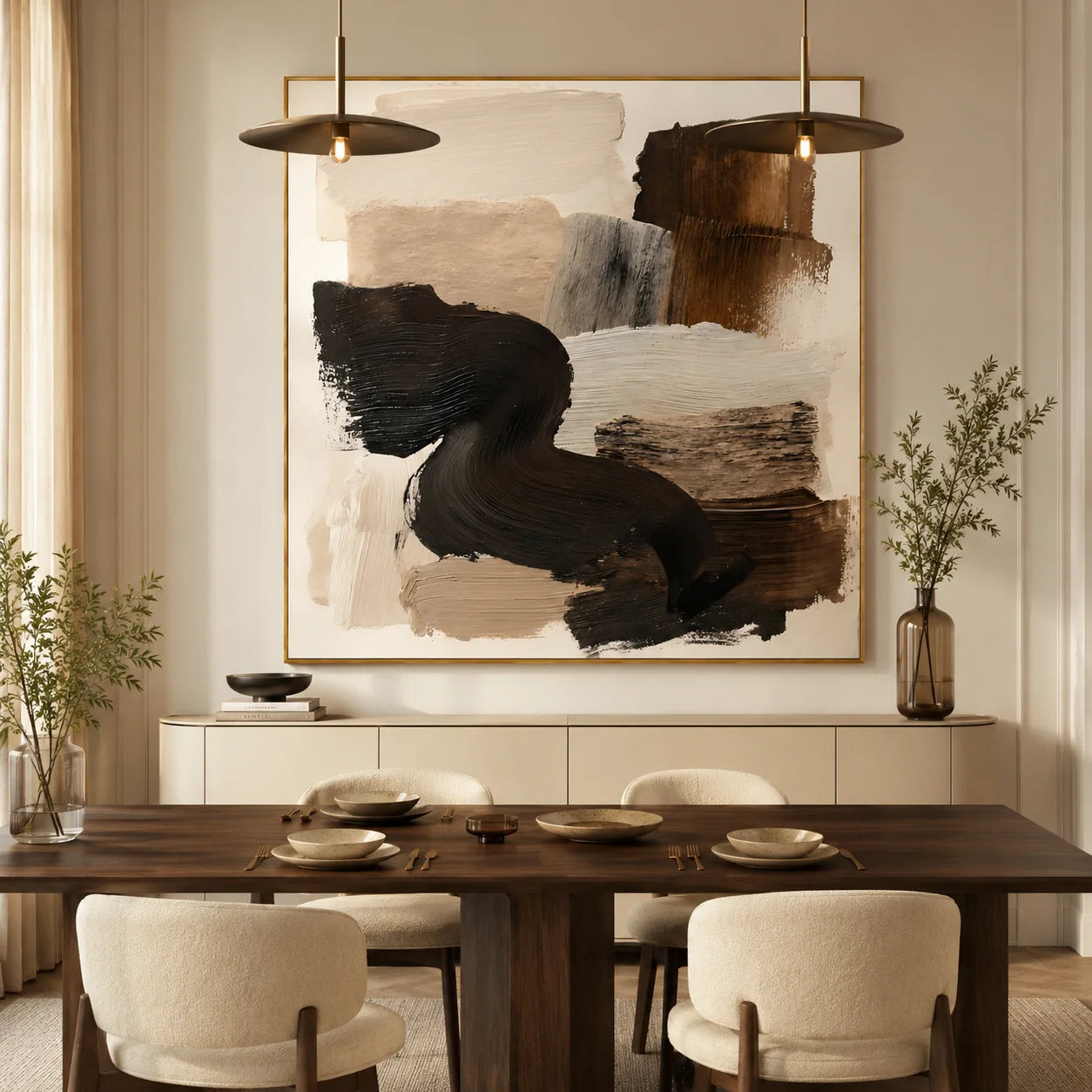 Ownanart Original Hand-Painted Modern Abstract Impasto Oil Painting, Minimalist Black Flowing Brushstroke and Brown Beige Textured Wall Art for Living Room, Bedroom and Office Decor  # OA 1278