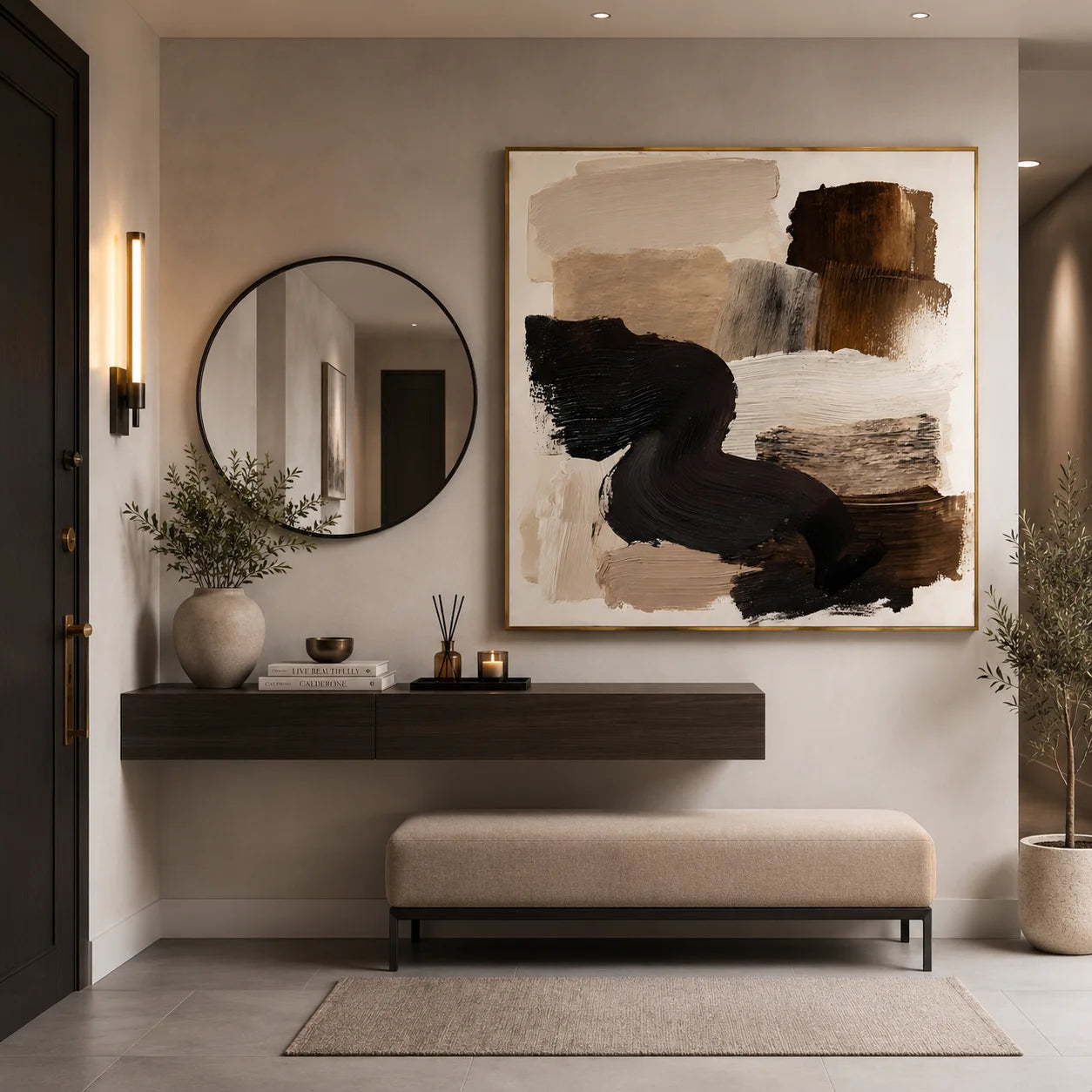 Ownanart Original Hand-Painted Modern Abstract Impasto Oil Painting, Minimalist Black Flowing Brushstroke and Brown Beige Textured Wall Art for Living Room, Bedroom and Office Decor  # OA 1278