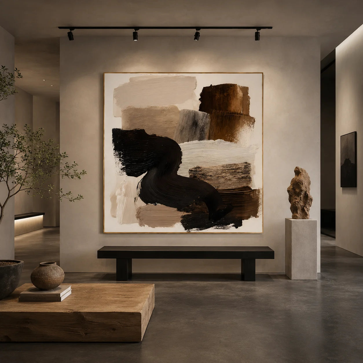 Ownanart Original Hand-Painted Modern Abstract Impasto Oil Painting, Minimalist Black Flowing Brushstroke and Brown Beige Textured Wall Art for Living Room, Bedroom and Office Decor  # OA 1278