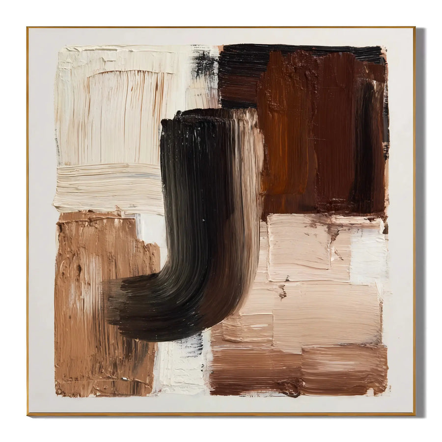 Ownanart Original Hand-Painted Modern Geometric Abstract Impasto Oil Painting, Black, Brown and Beige Textured Wall Art for Living Room, Bedroom and Office Decor # OA 1273