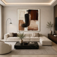 Modern Geometric Abstract Impasto Oil Painting – Black, Brown and Beige Textured Wall Art #OA 1273