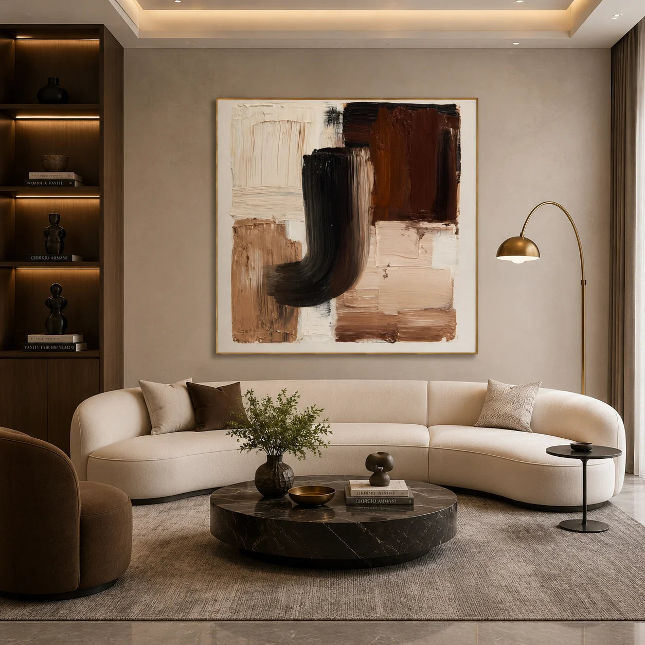 Ownanart Original Hand-Painted Modern Geometric Abstract Impasto Oil Painting, Black, Brown and Beige Textured Wall Art for Living Room, Bedroom and Office Decor # OA 1273