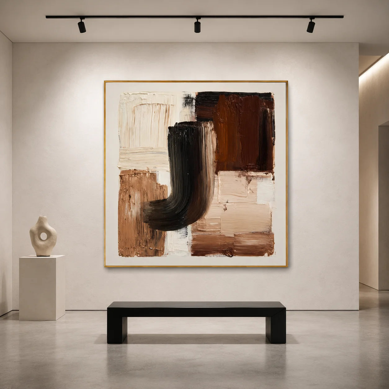 Ownanart Original Hand-Painted Modern Geometric Abstract Impasto Oil Painting, Black, Brown and Beige Textured Wall Art for Living Room, Bedroom and Office Decor # OA 1273