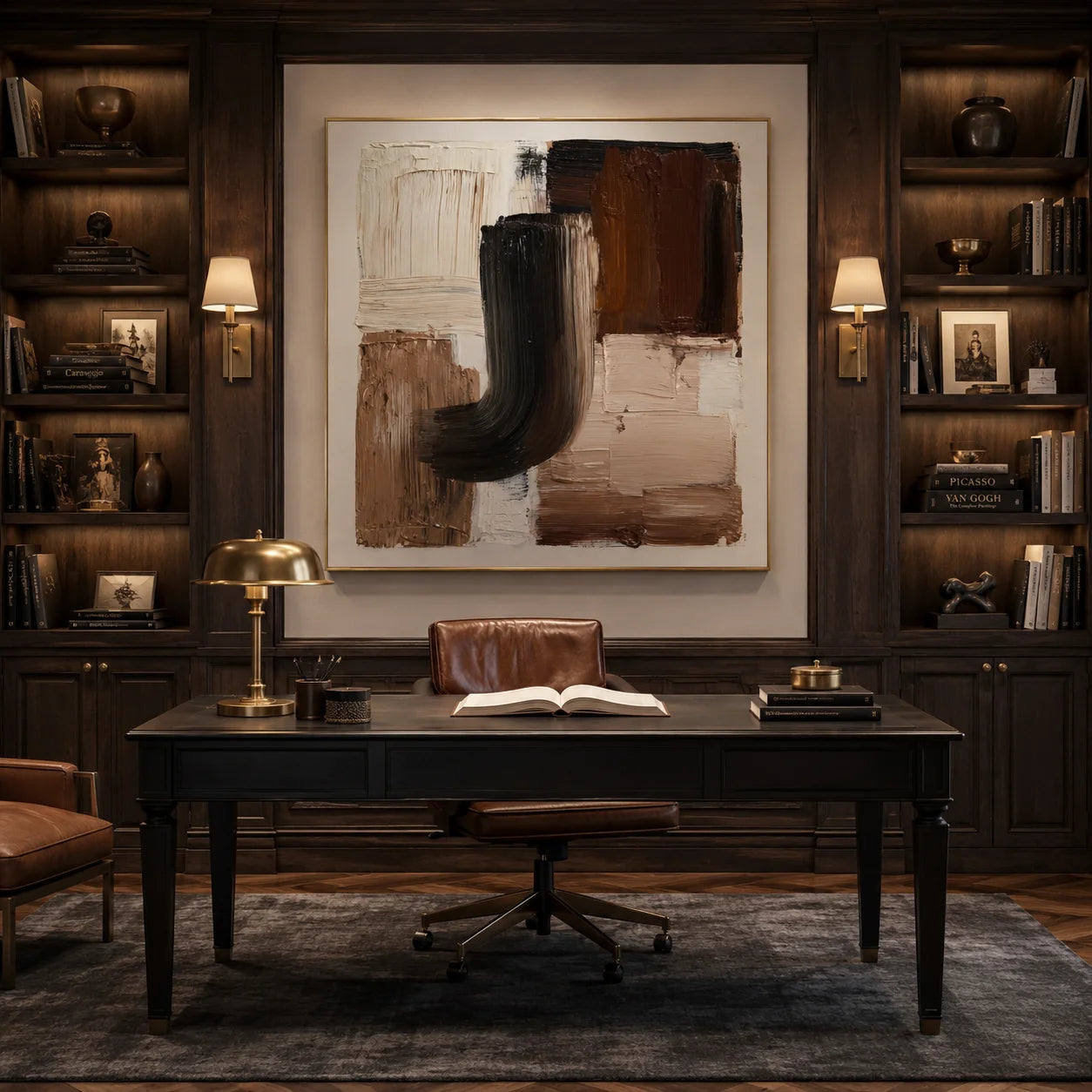 Ownanart Original Hand-Painted Modern Geometric Abstract Impasto Oil Painting, Black, Brown and Beige Textured Wall Art for Living Room, Bedroom and Office Decor # OA 1273