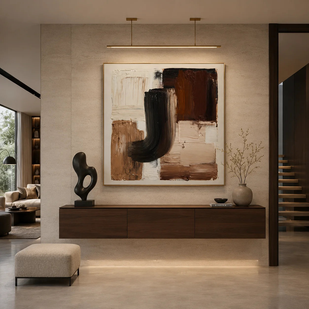 Ownanart Original Hand-Painted Modern Geometric Abstract Impasto Oil Painting, Black, Brown and Beige Textured Wall Art for Living Room, Bedroom and Office Decor # OA 1273