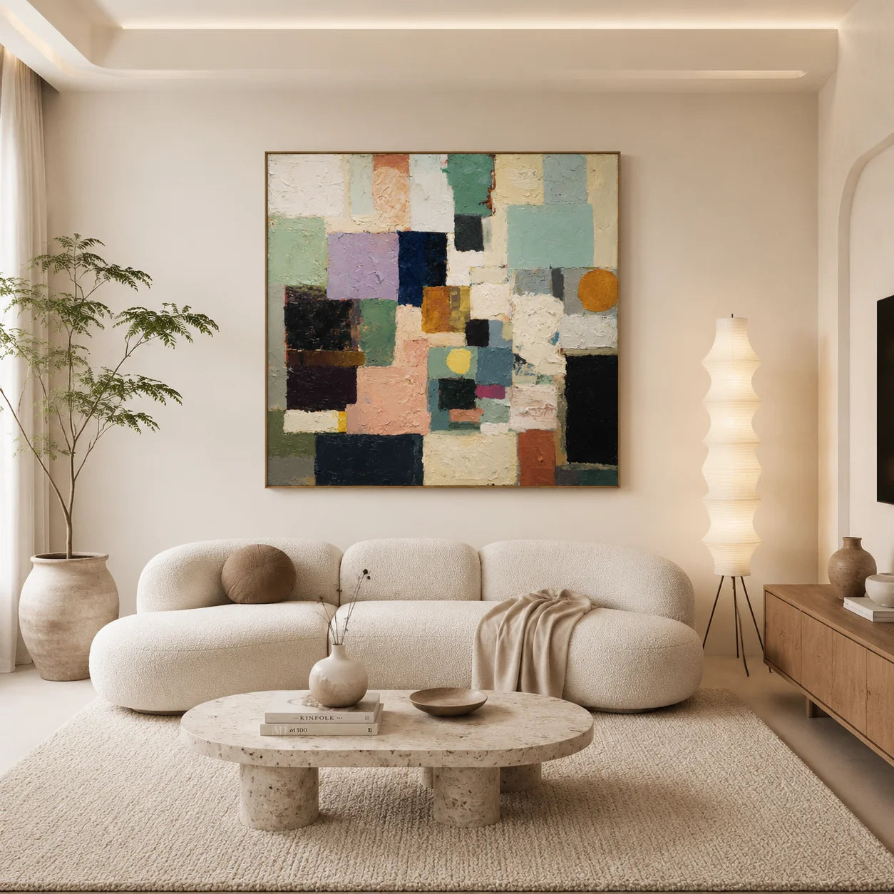Ownanart Original Hand-Painted Modern Geometric Abstract Impasto Oil Painting, Morandi Pink Green Blue Color Block Wall Art with Circular Elements for Living Room, Bedroom and Entryway Decor  # OA 1283