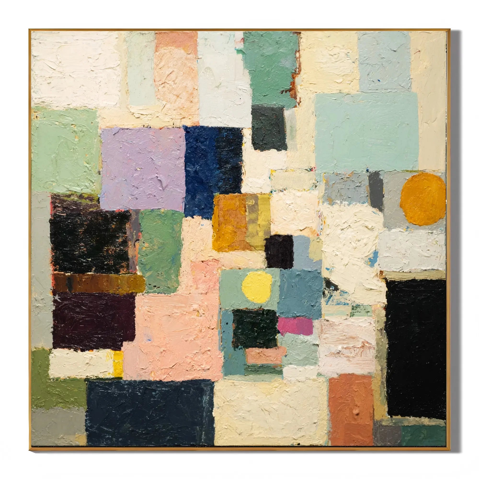 Ownanart Original Hand-Painted Modern Geometric Abstract Impasto Oil Painting, Morandi Pink Green Blue Color Block Wall Art with Circular Elements for Living Room, Bedroom and Entryway Decor  # OA 1283