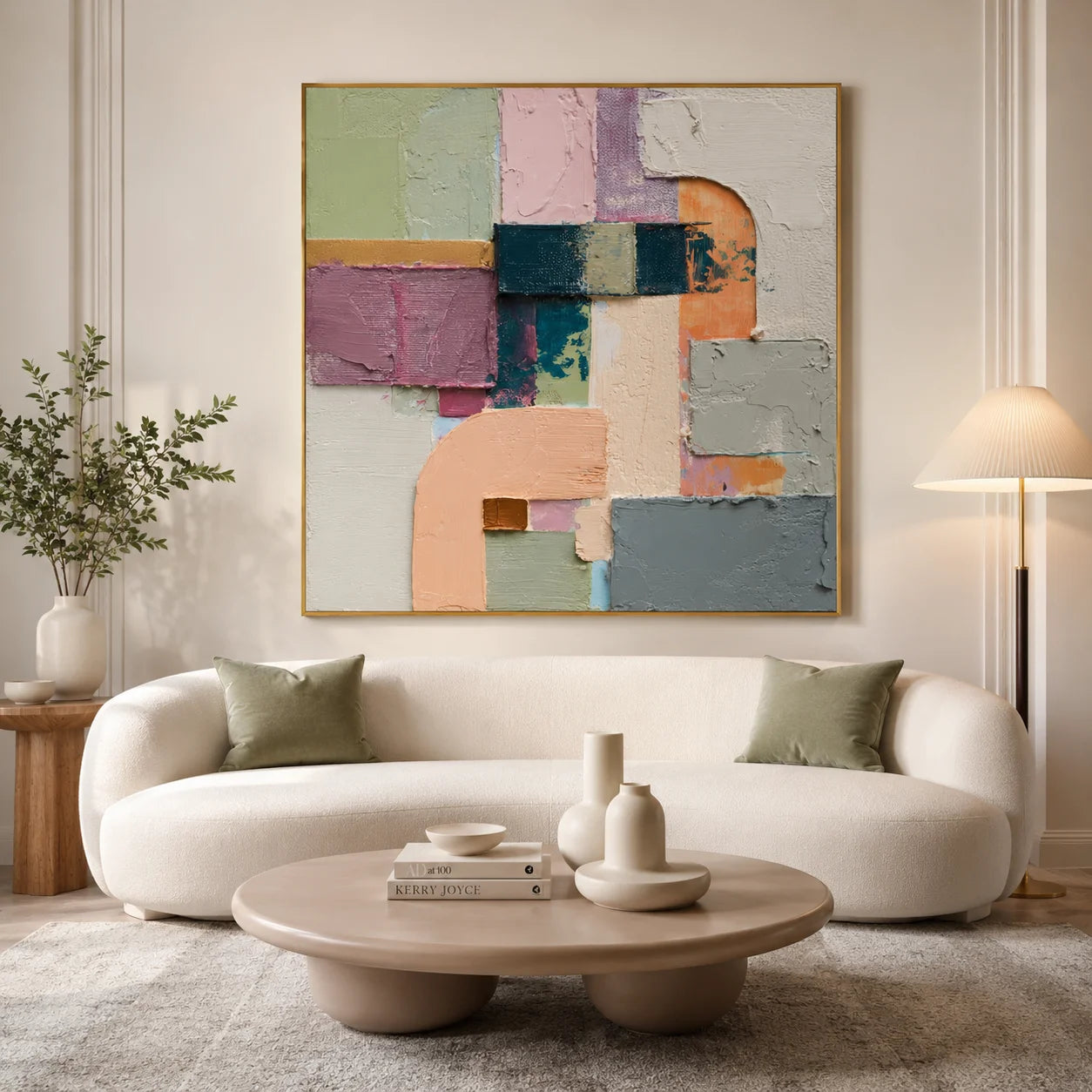 Ownanart Original Hand-Painted Modern Geometric Abstract Impasto Oil Painting, Sage Green, Pink, Lavender and Cream Arch Color Block Textured Wall Art  # OA 1277