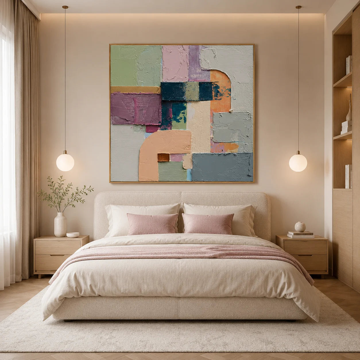 Ownanart Original Hand-Painted Modern Geometric Abstract Impasto Oil Painting, Sage Green, Pink, Lavender and Cream Arch Color Block Textured Wall Art  # OA 1277
