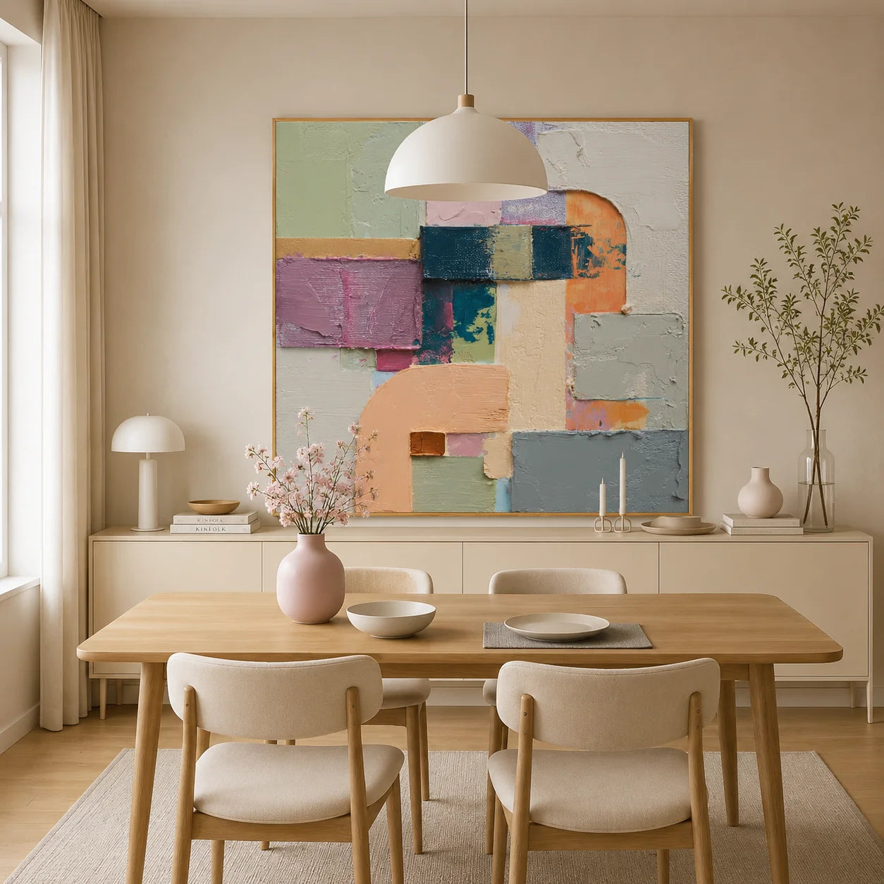 Ownanart Original Hand-Painted Modern Geometric Abstract Impasto Oil Painting, Sage Green, Pink, Lavender and Cream Arch Color Block Textured Wall Art  # OA 1277
