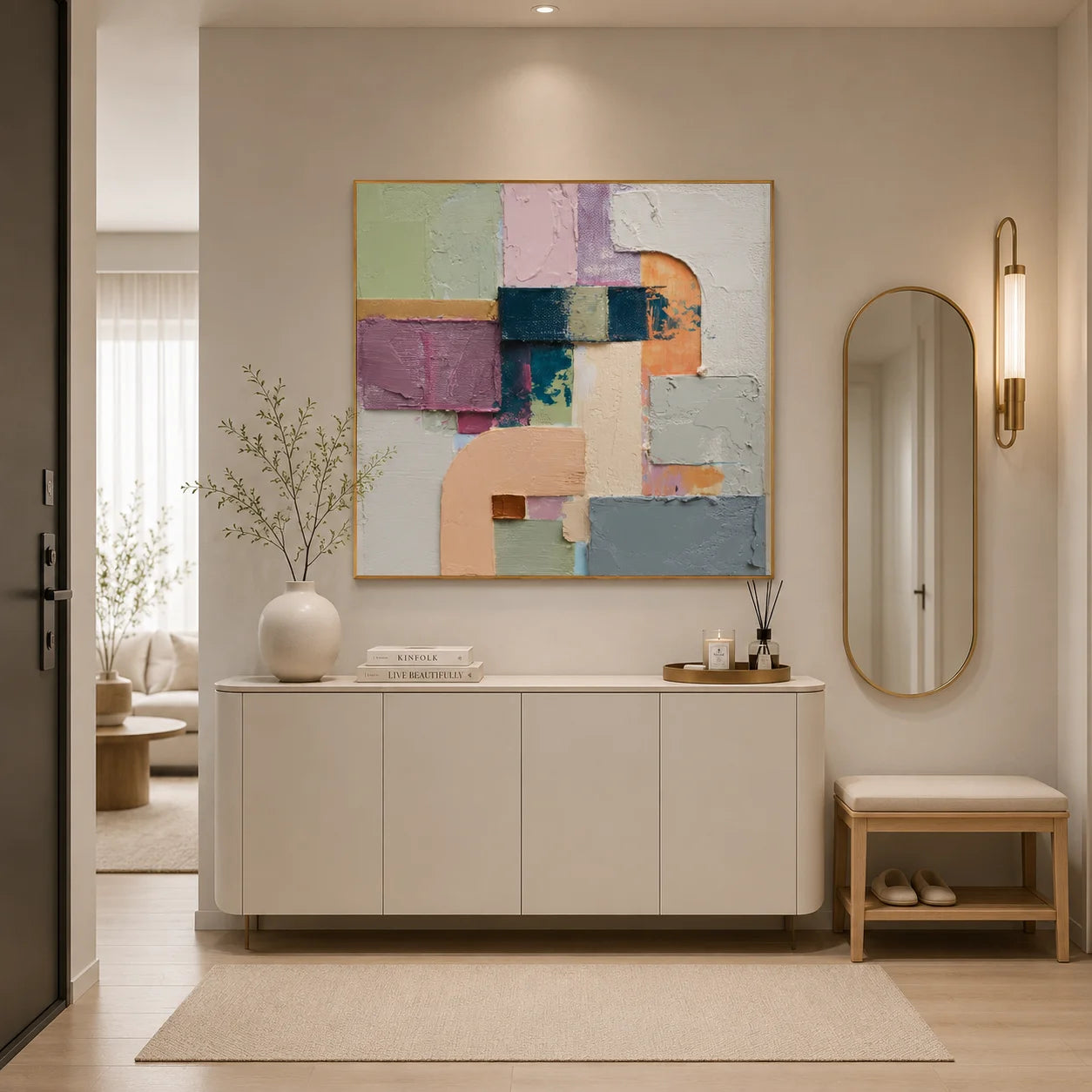 Ownanart Original Hand-Painted Modern Geometric Abstract Impasto Oil Painting, Sage Green, Pink, Lavender and Cream Arch Color Block Textured Wall Art  # OA 1277