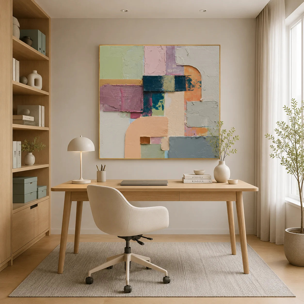 Ownanart Original Hand-Painted Modern Geometric Abstract Impasto Oil Painting, Sage Green, Pink, Lavender and Cream Arch Color Block Textured Wall Art  # OA 1277