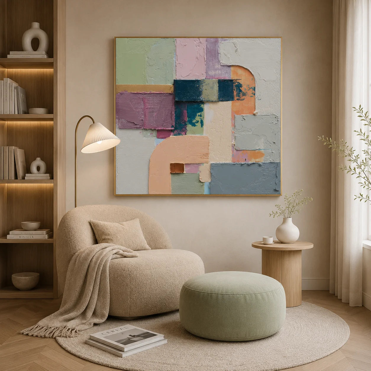 Ownanart Original Hand-Painted Modern Geometric Abstract Impasto Oil Painting, Sage Green, Pink, Lavender and Cream Arch Color Block Textured Wall Art  # OA 1277