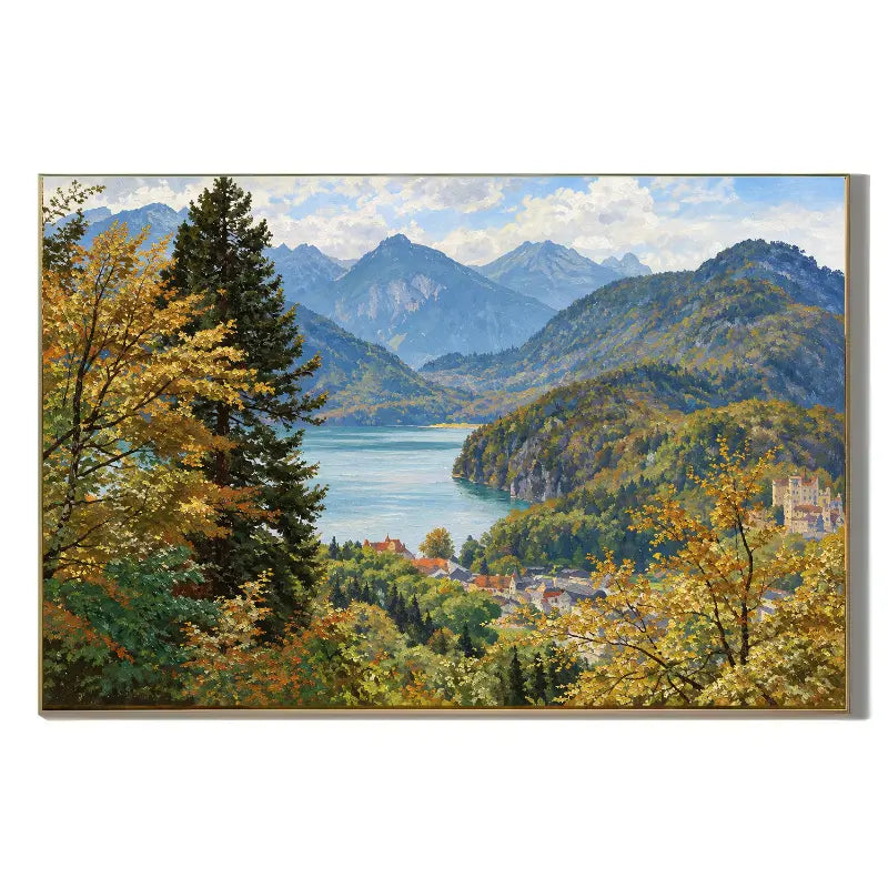 Ownanart Original Hand-Painted Mountain Lake Landscape Oil Painting, Autumn Forest, Alpine Village and Blue Water Canvas Wall Art for Living Room, Bedroom and Nature-Inspired Home Decor # OA 1381