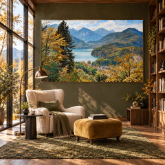 Mountain Lake Landscape Oil Painting – Autumn Forest, Alpine Village and Blue Water Canvas Wall Art #OA 1381