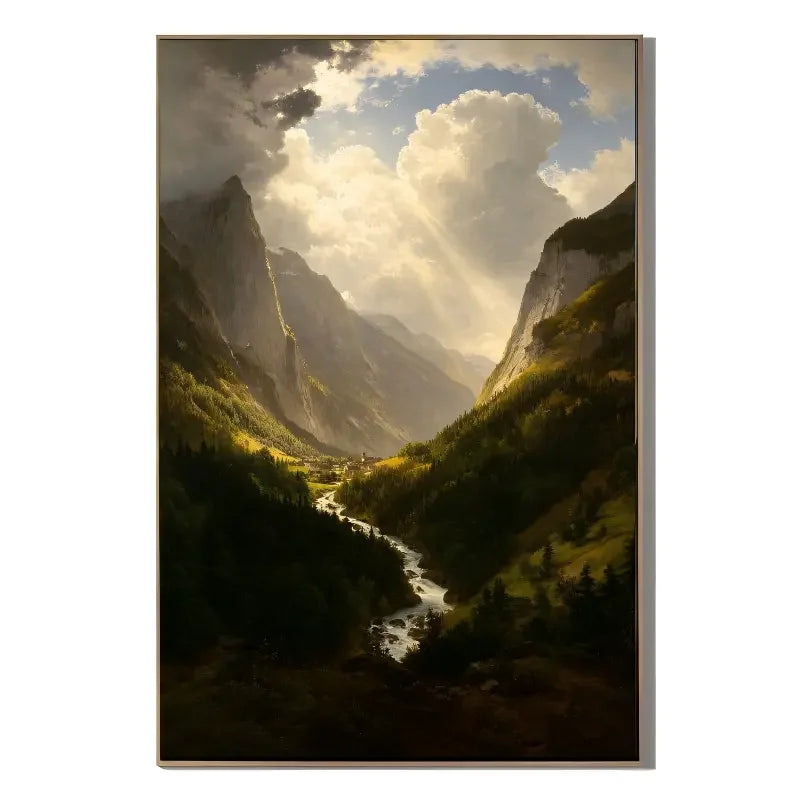 Ownanart Original Hand-Painted Mountain Valley Landscape Oil Painting, Sunlight Through Dramatic Clouds and Winding River Canvas Wall Art for Living Room, Bedroom and Luxury Home Decor # OA 1361