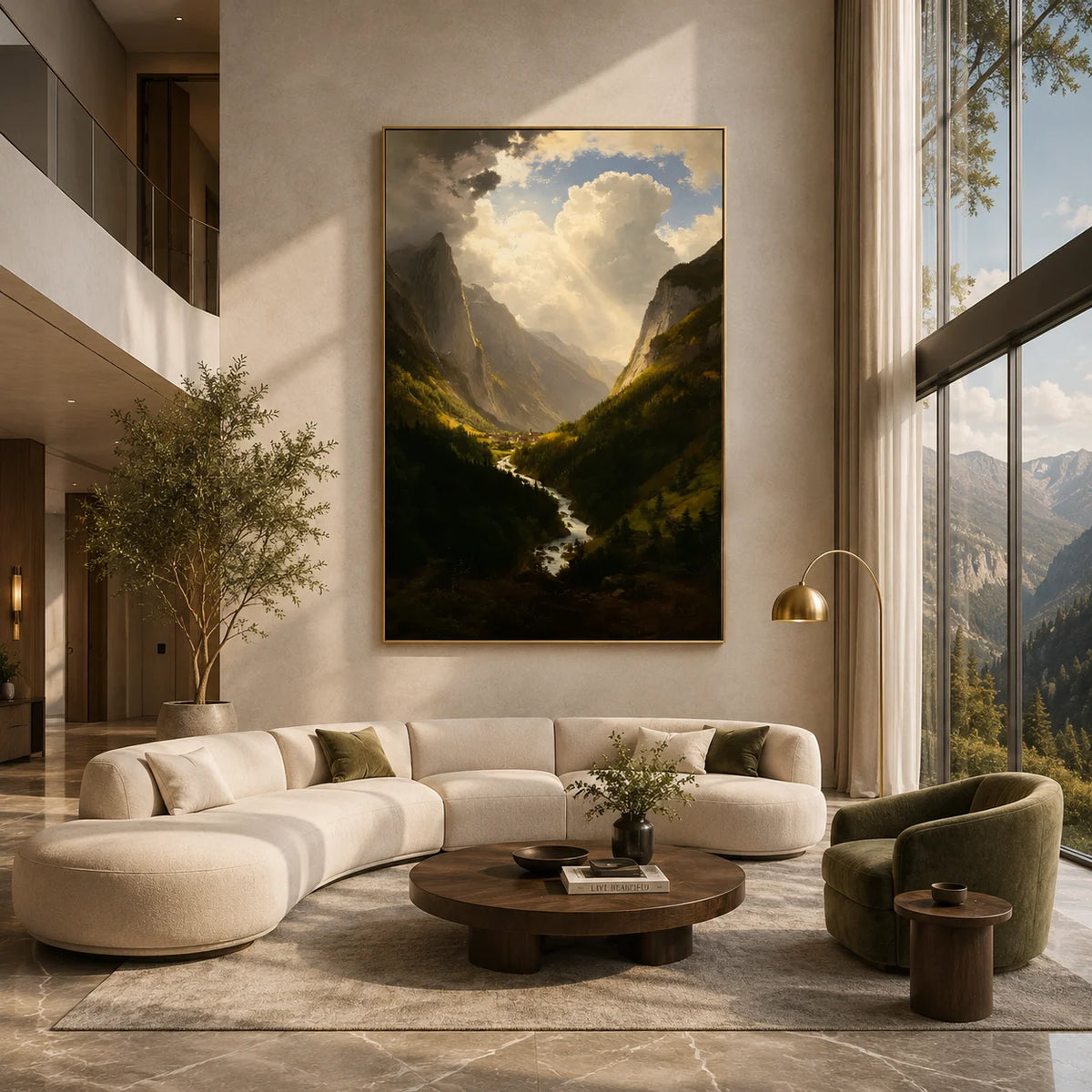 Ownanart Original Hand-Painted Mountain Valley Landscape Oil Painting, Sunlight Through Dramatic Clouds and Winding River Canvas Wall Art for Living Room, Bedroom and Luxury Home Decor # OA 1361