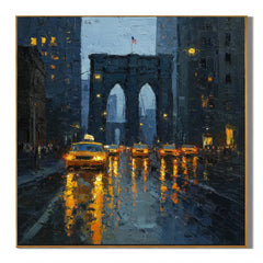 Ownanart Original Hand-Painted New York Brooklyn Bridge Rainy Cityscape Oil Painting, Modern Urban Yellow Taxi Impasto Wall Art for Living Room Decor  # OA 1250