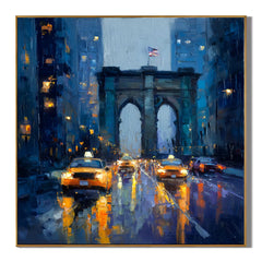 Ownanart Original Hand-Painted New York Brooklyn Bridge Rainy Night Oil Painting, Yellow Taxi Cityscape Impasto Wall Art with Urban Lights and Reflections  # OA 1284