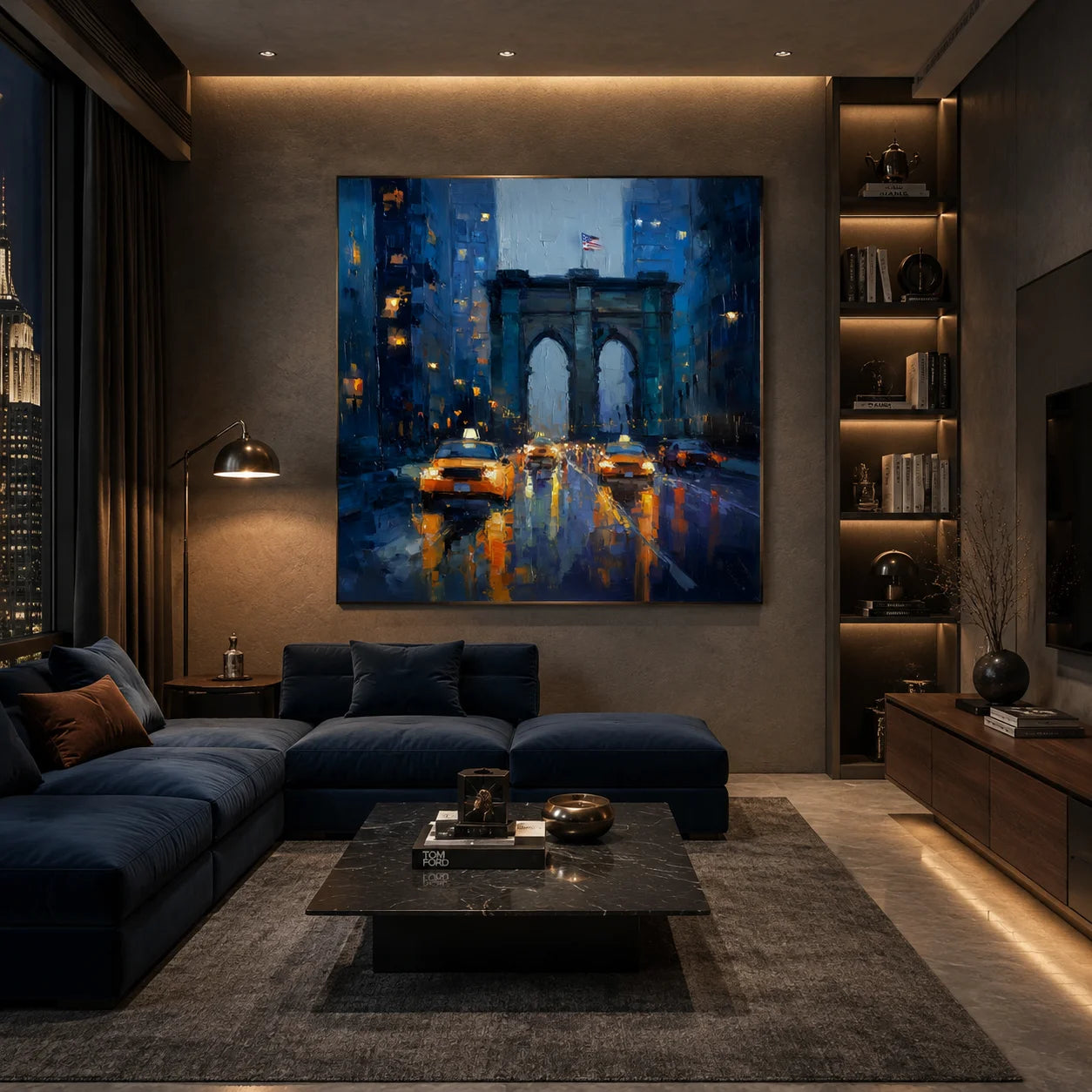 Ownanart Original Hand-Painted New York Brooklyn Bridge Rainy Night Oil Painting, Yellow Taxi Cityscape Impasto Wall Art with Urban Lights and Reflections  # OA 1284
