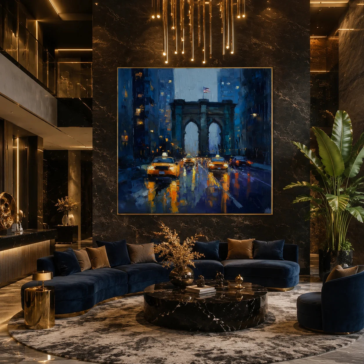 Ownanart Original Hand-Painted New York Brooklyn Bridge Rainy Night Oil Painting, Yellow Taxi Cityscape Impasto Wall Art with Urban Lights and Reflections  # OA 1284