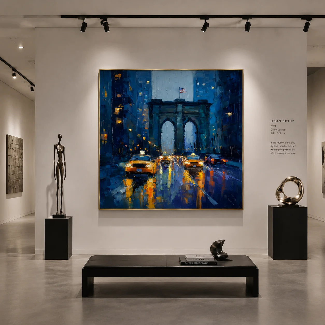 Ownanart Original Hand-Painted New York Brooklyn Bridge Rainy Night Oil Painting, Yellow Taxi Cityscape Impasto Wall Art with Urban Lights and Reflections  # OA 1284