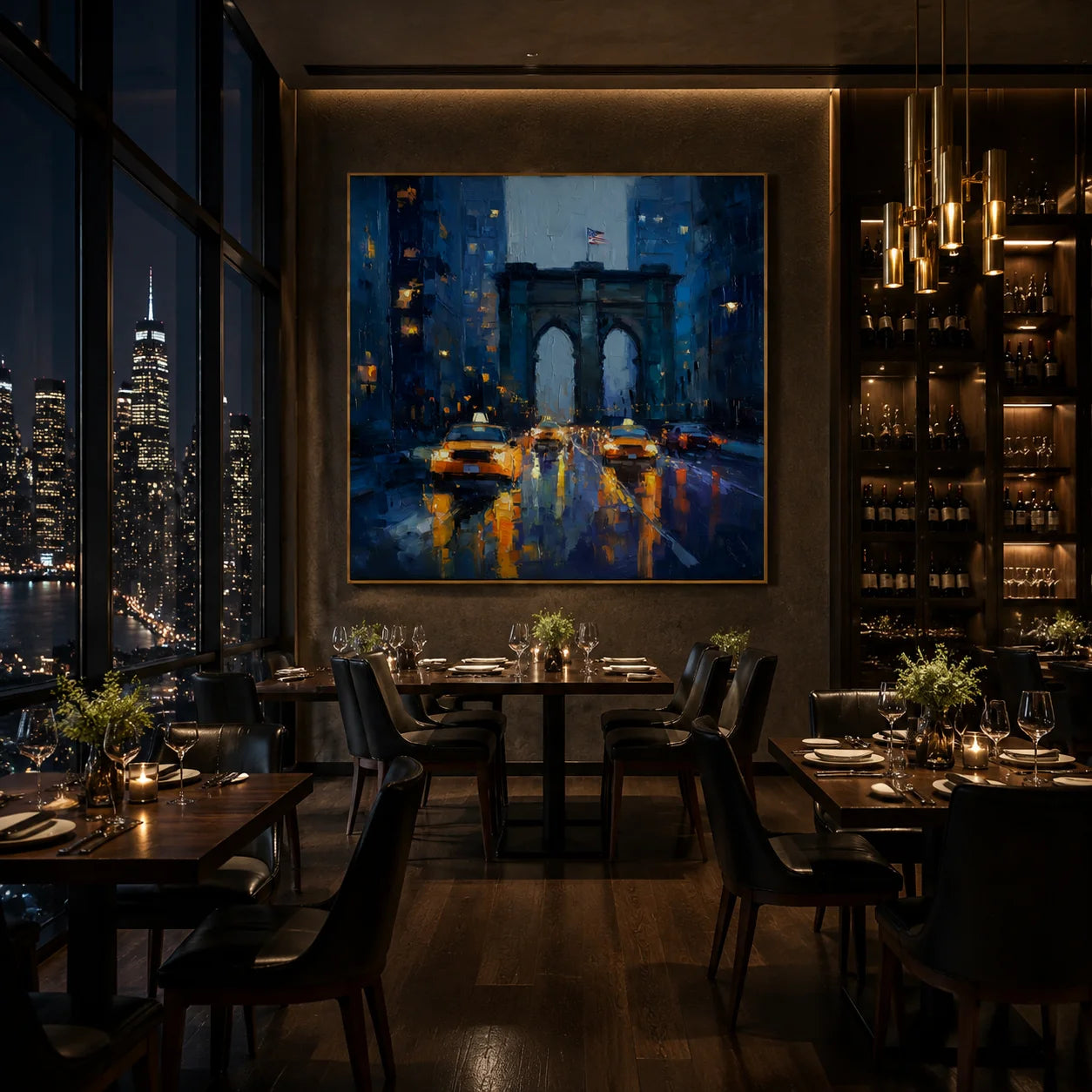 Ownanart Original Hand-Painted New York Brooklyn Bridge Rainy Night Oil Painting, Yellow Taxi Cityscape Impasto Wall Art with Urban Lights and Reflections  # OA 1284