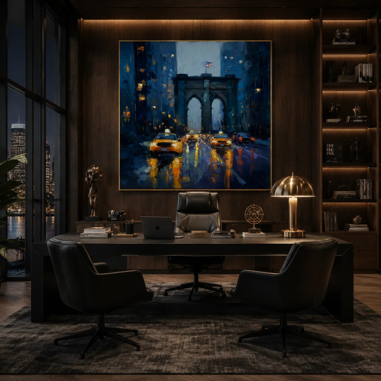 Ownanart Original Hand-Painted New York Brooklyn Bridge Rainy Night Oil Painting, Yellow Taxi Cityscape Impasto Wall Art with Urban Lights and Reflections  # OA 1284