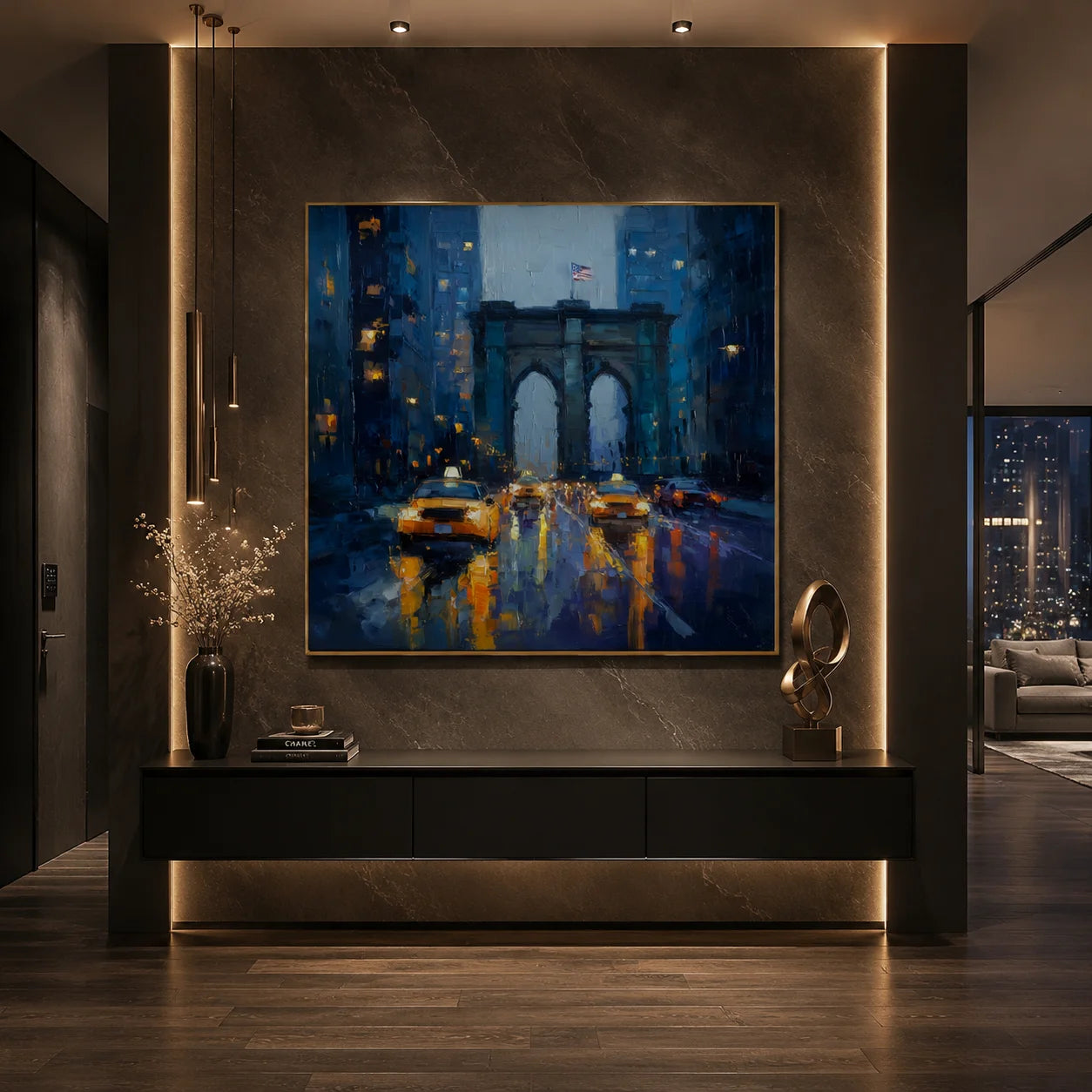 Ownanart Original Hand-Painted New York Brooklyn Bridge Rainy Night Oil Painting, Yellow Taxi Cityscape Impasto Wall Art with Urban Lights and Reflections  # OA 1284