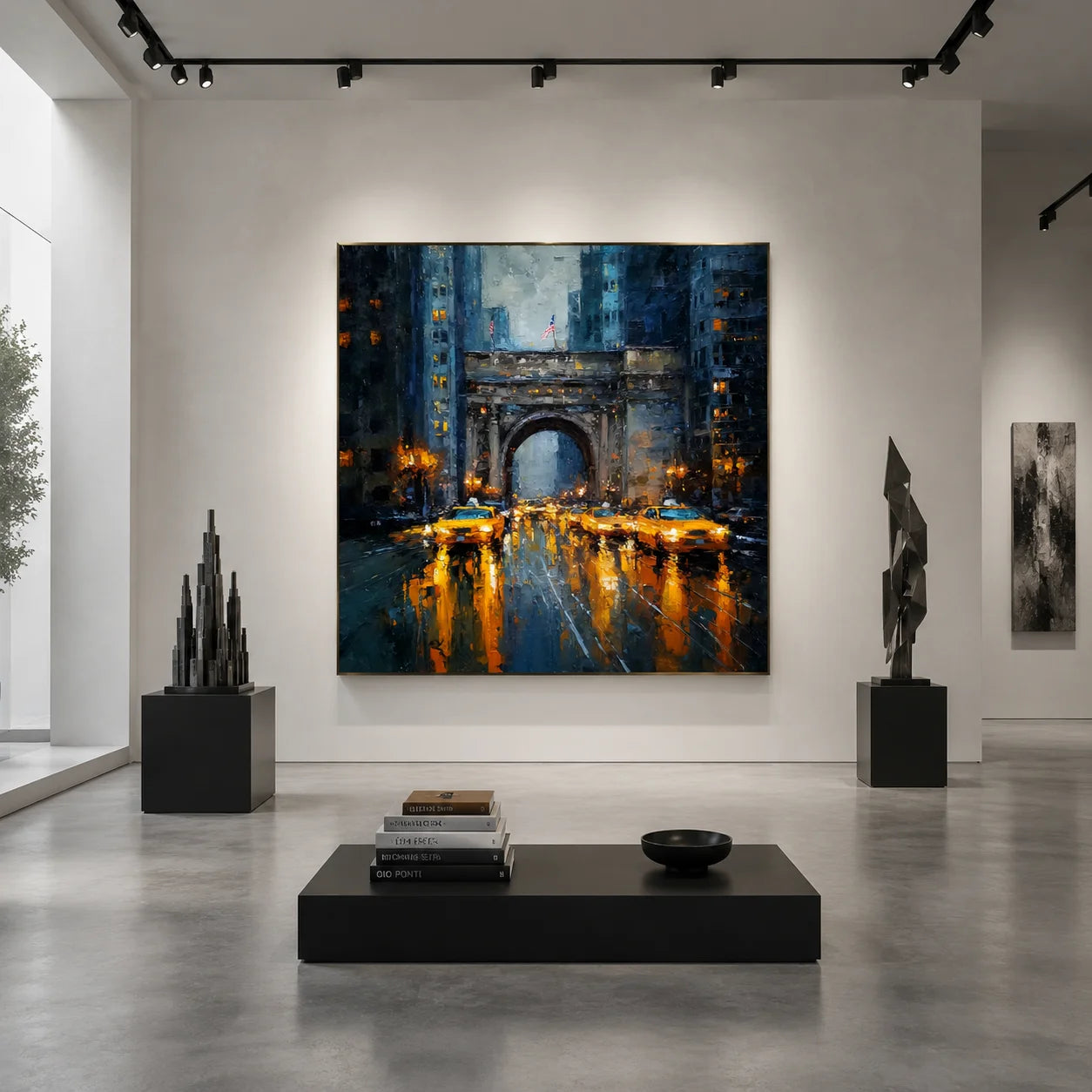 Ownanart Original Hand-Painted New York Rainy Night Cityscape Oil Painting, Yellow Taxi and Urban Arch Impasto Wall Art  # OA 1251