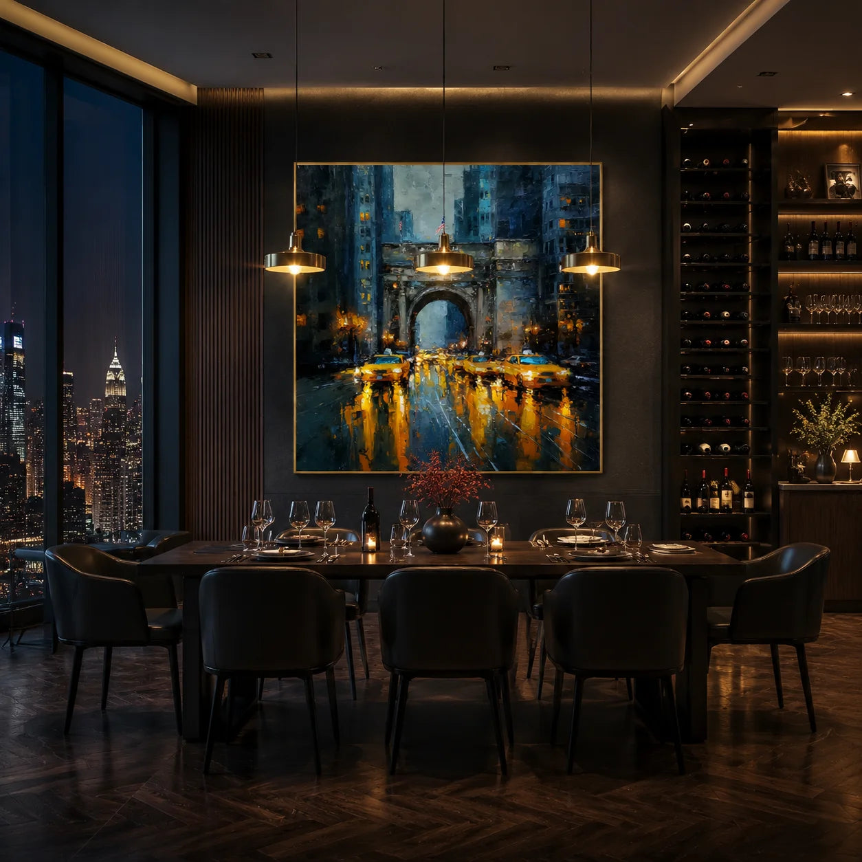 Ownanart Original Hand-Painted New York Rainy Night Cityscape Oil Painting, Yellow Taxi and Urban Arch Impasto Wall Art  # OA 1251