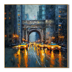 Ownanart Original Hand-Painted New York Rainy Night Cityscape Oil Painting, Yellow Taxi and Urban Arch Impasto Wall Art  # OA 1251
