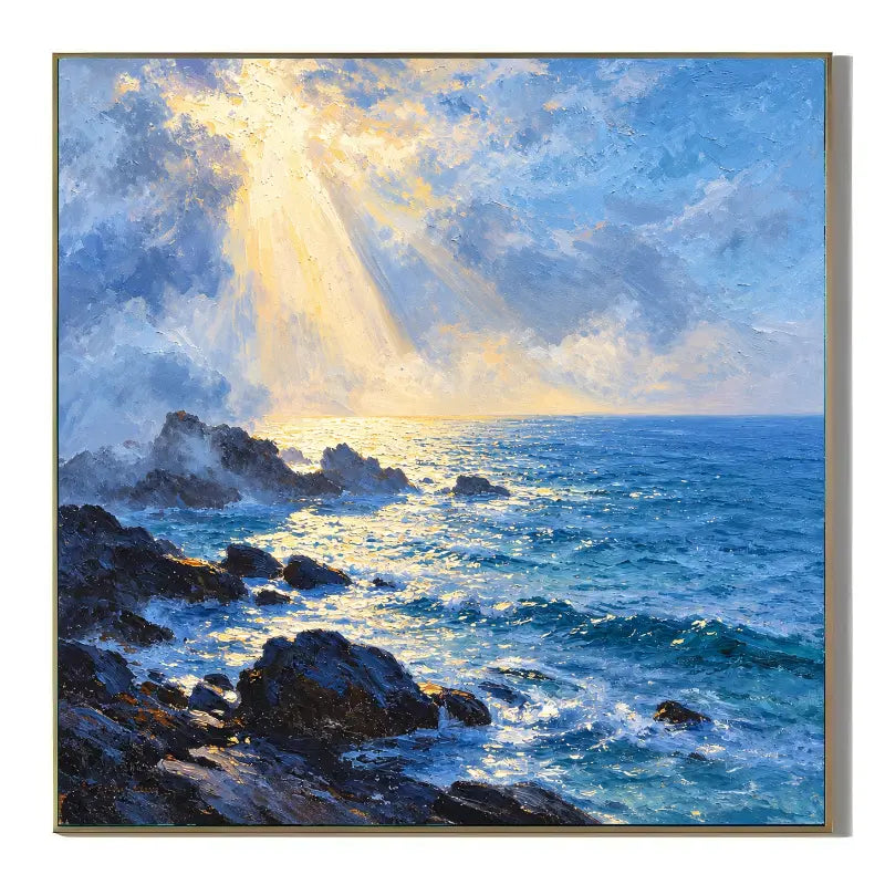 Ownanart Original Hand-Painted Ocean Seascape Oil Painting, Golden Sunlight Over Blue Sea and Rocky Coast Canvas Wall Art for Living Room, Bedroom and Coastal Home Decor  # OA 1382