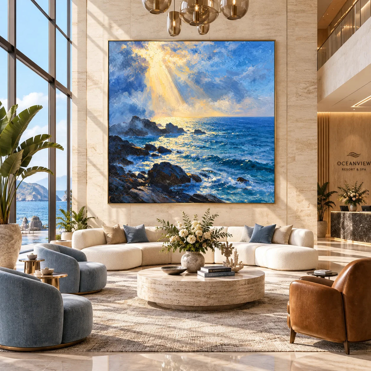 Ownanart Original Hand-Painted Ocean Seascape Oil Painting, Golden Sunlight Over Blue Sea and Rocky Coast Canvas Wall Art for Living Room, Bedroom and Coastal Home Decor  # OA 1382