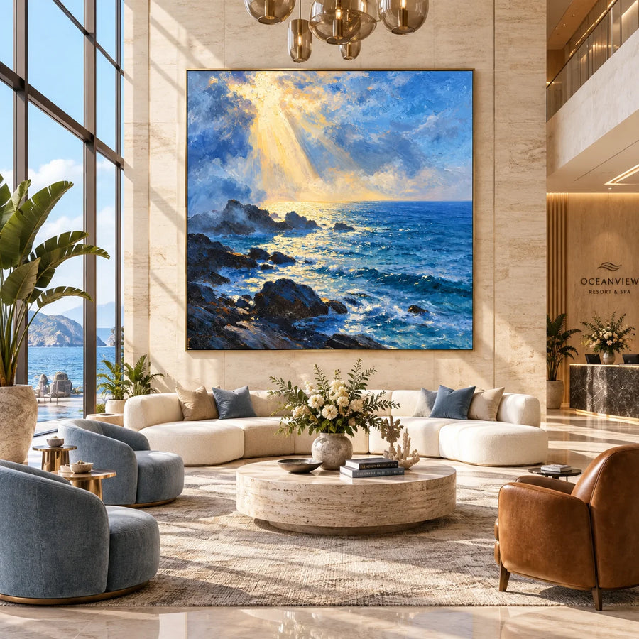 Ownanart Original Hand-Painted Ocean Seascape Oil Painting, Golden Sunlight Over Blue Sea and Rocky Coast Canvas Wall Art for Living Room, Bedroom and Coastal Home Decor  # OA 1382