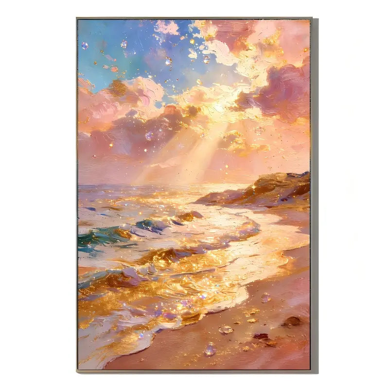Ownanart Original Hand-Painted Pink and Golden Sunrise Ocean Oil Painting, Romantic Coastal Seascape with Glowing Sunlight Reflection and Impasto Texture Wall Art for Modern Living Room, Bedroom and Coastal Home Decor # OA 1371
