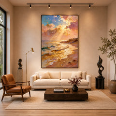 Pink and Golden Sunrise Ocean Oil Painting – Romantic Coastal Seascape with Glowing Sunlight Reflection and Impasto Texture Wall Art #OA 1371