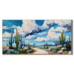 Ownanart Original Hand-Painted Southwestern Desert Cactus Landscape Oil Painting, Large Horizontal Blue Sky and Cloud Textured Canvas Wall Art for Living Room and Bedroom Decor # OA 1238