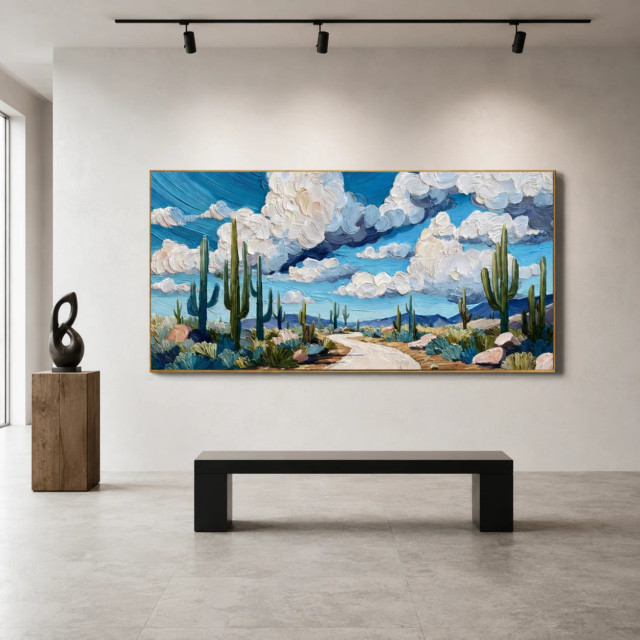 Ownanart Original Hand-Painted Southwestern Desert Cactus Landscape Oil Painting, Large Horizontal Blue Sky and Cloud Textured Canvas Wall Art for Living Room and Bedroom Decor # OA 1238