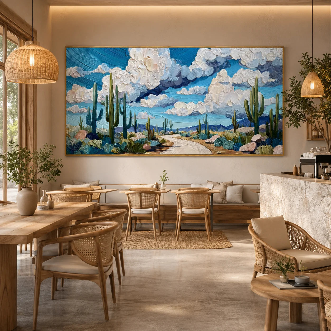 Ownanart Original Hand-Painted Southwestern Desert Cactus Landscape Oil Painting, Large Horizontal Blue Sky and Cloud Textured Canvas Wall Art for Living Room and Bedroom Decor # OA 1238