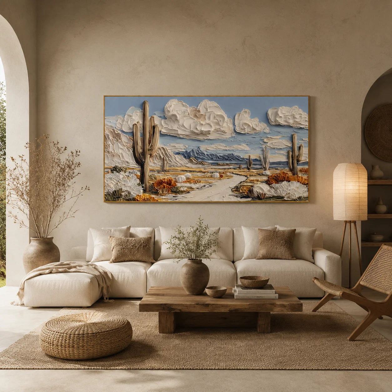 Ownanart Original Hand-Painted Southwestern Desert Cactus Landscape Oil Painting, Large Horizontal Textured Impasto Canvas Wall Art for Living Room and Bedroom Decor # OA 1230