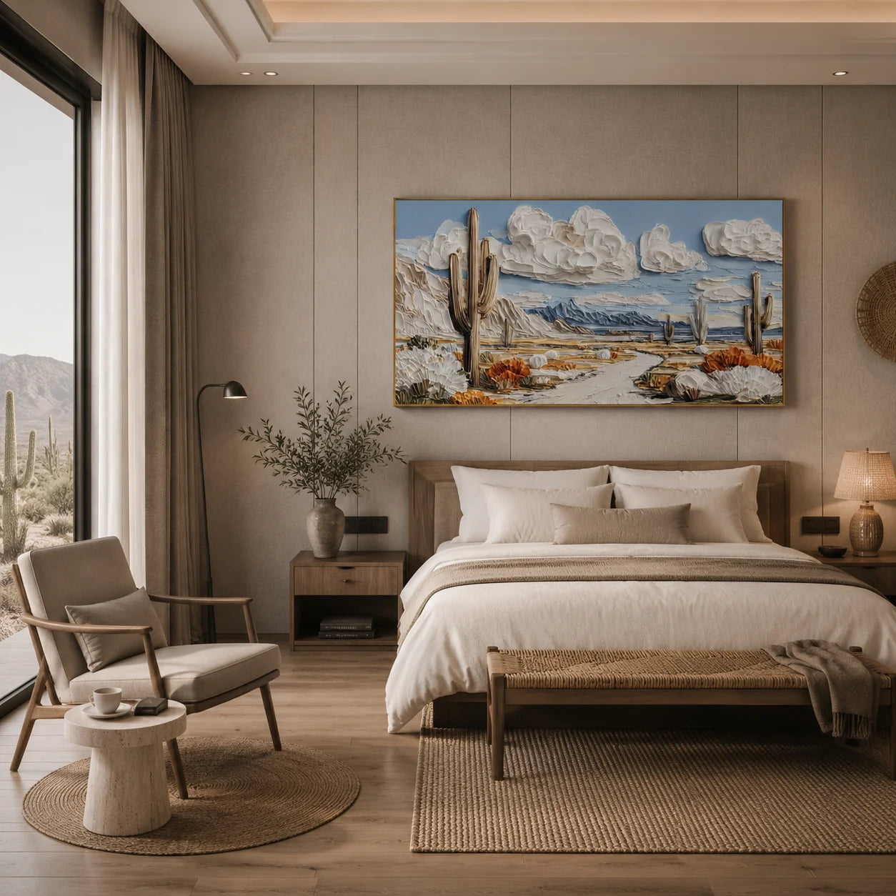 Ownanart Original Hand-Painted Southwestern Desert Cactus Landscape Oil Painting, Large Horizontal Textured Impasto Canvas Wall Art for Living Room and Bedroom Decor # OA 1230